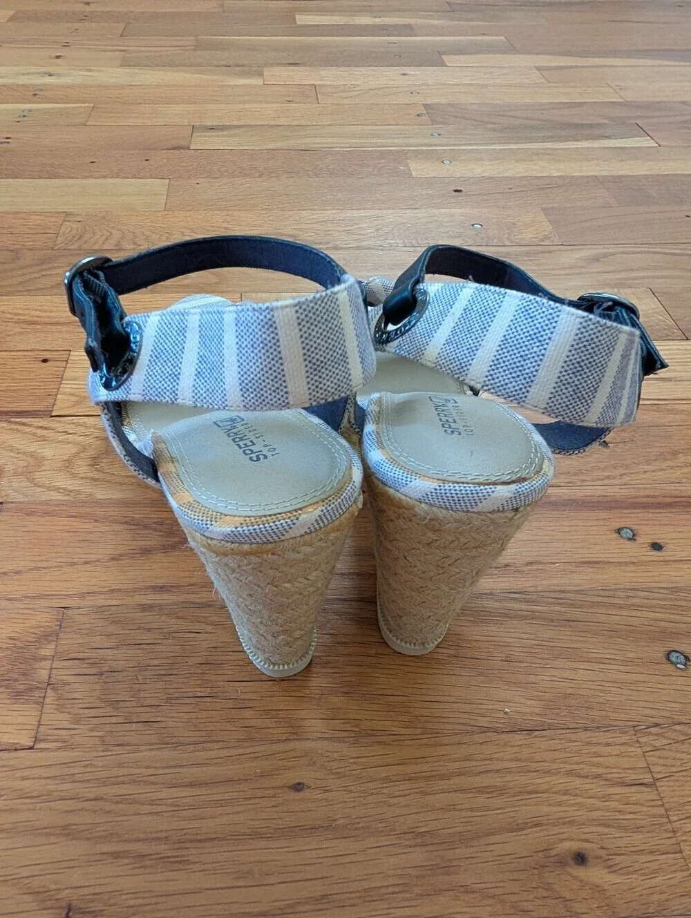 Sperry Valencia Blue & White Striped Canvas Wedge Sandals. - Picture 6 of 7